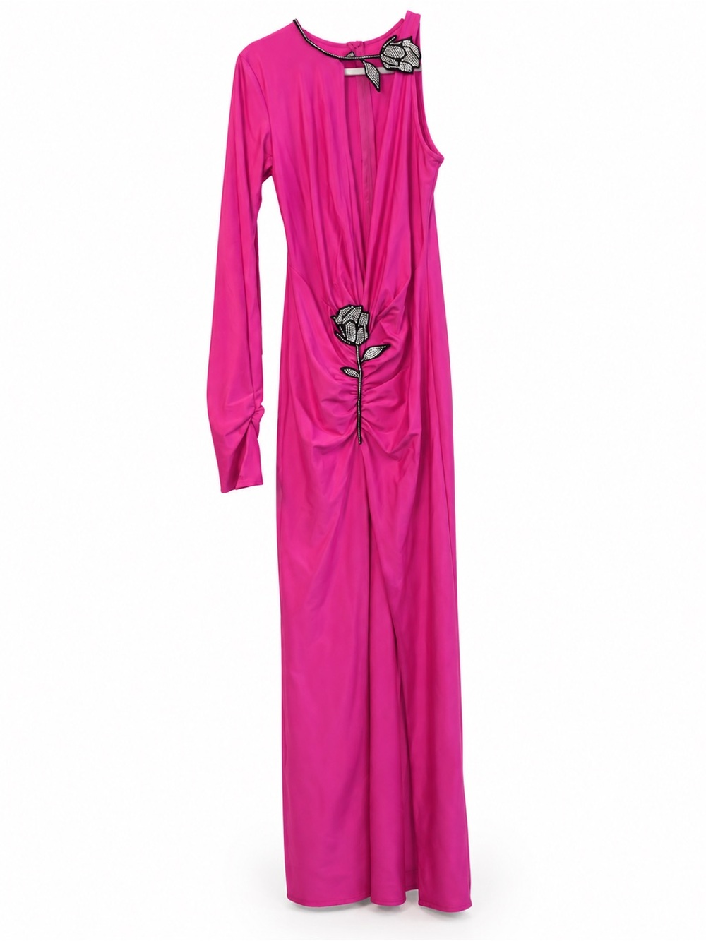 Asymmetrical Fuchsia One-Shoulder Evening Gown with Floral Detail